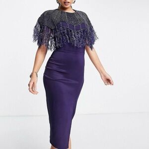 ASOS DESIGN Tall Embellished Scuba Pearl Faux Feather Midi Dress Midnight Blue ✨